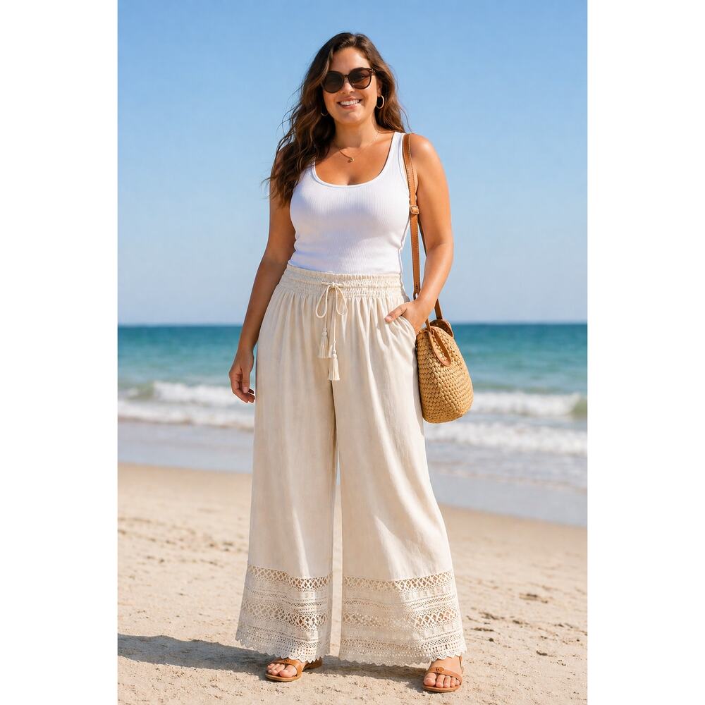 American Eagle Festival Beach Crochet Drawstring Cropped Pants Size L **READ**